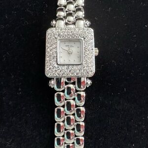 Vintage Suzanne Somers Stainless Silver  w/Crystal Surrounded Square Face Watch